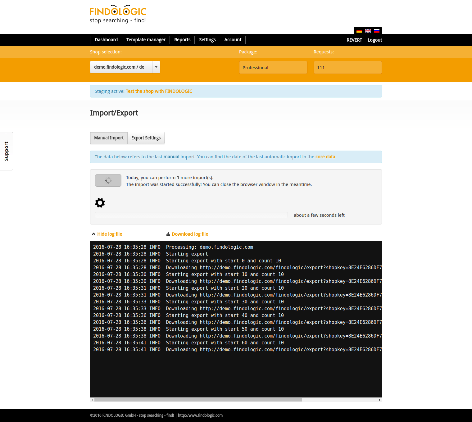 FINDOLOGIC: customer import/export with live-log
