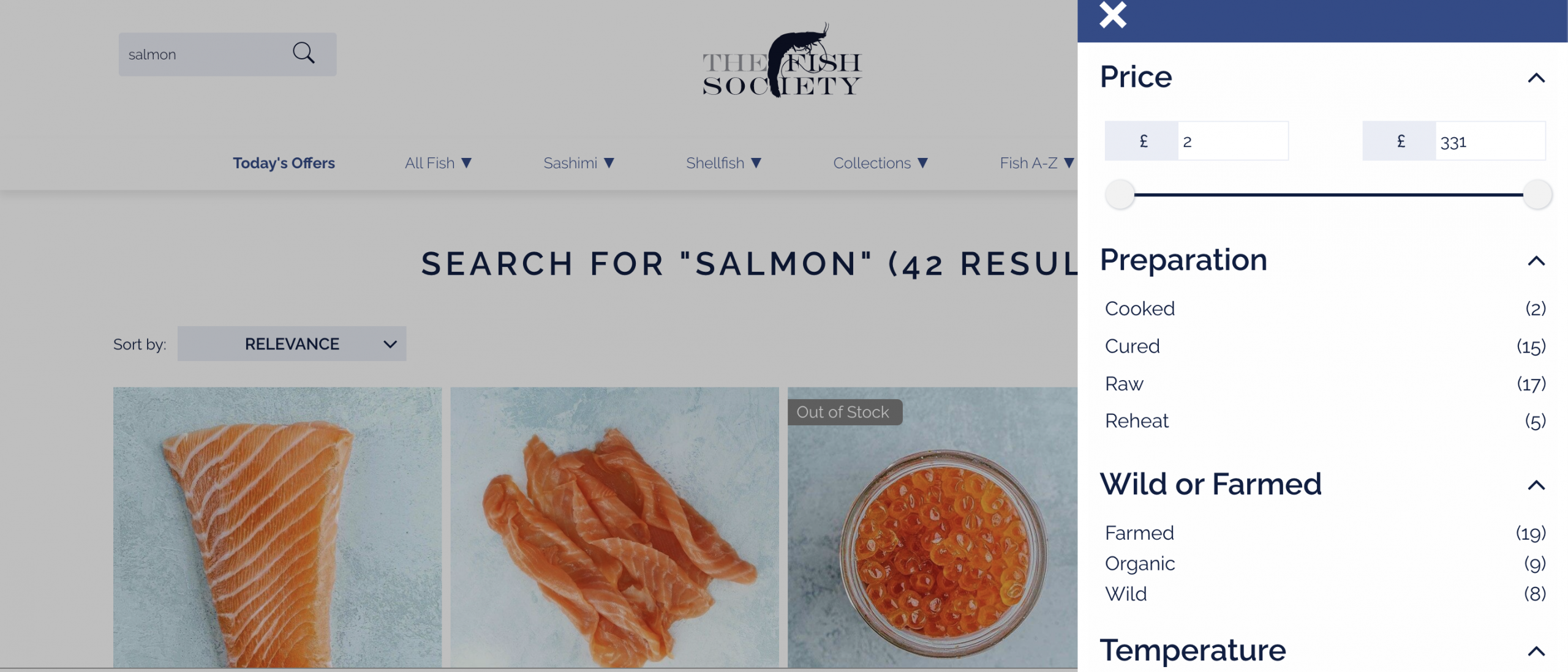 The Fish Society Ecommerce Site Search Filters