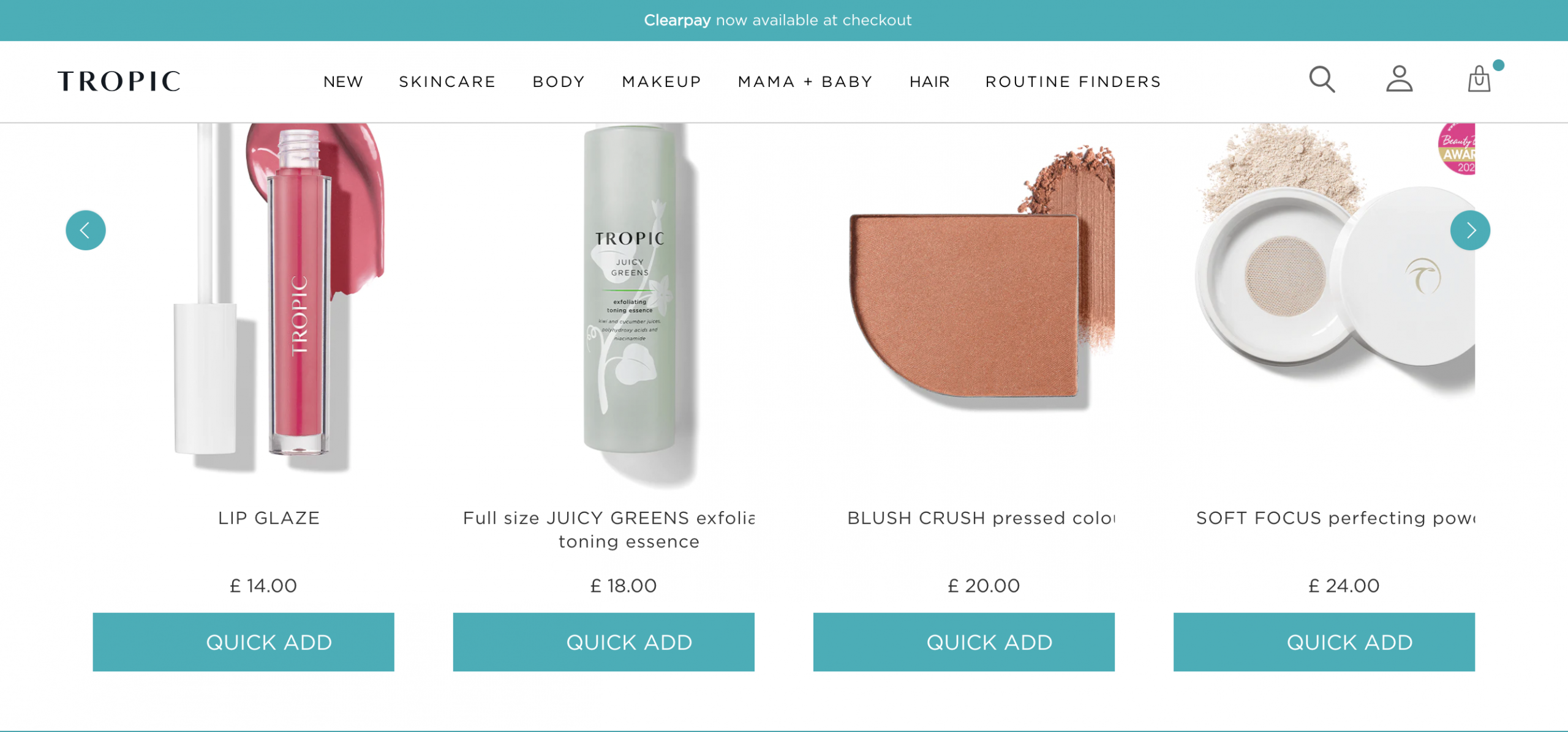 Tropic Skincare Ecommerce Site Search Add to Cart